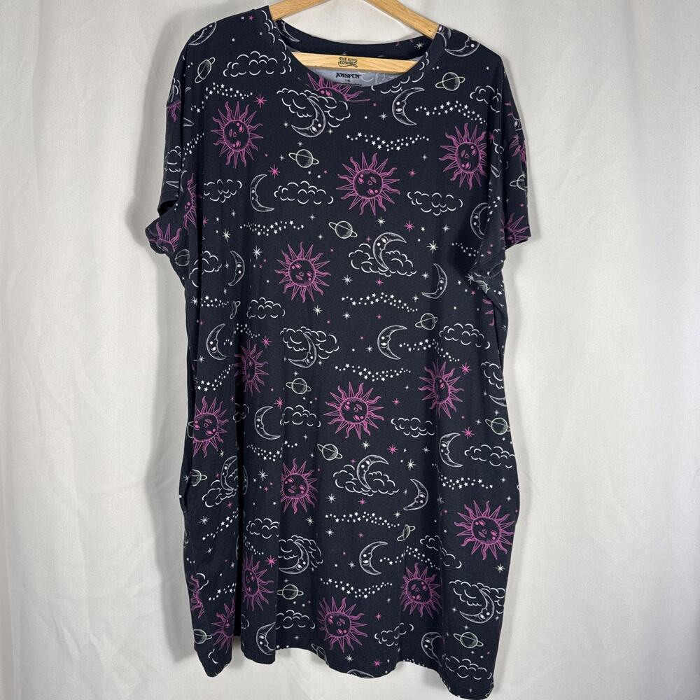 Joyspun Women’s L/XL Black Celestial Sun Moon Stars T-Shirt Dress Whimsigoth